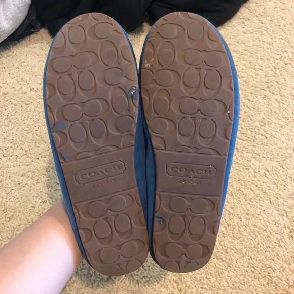 Coach Blue Suede Moccasin Slippers with Tan Laces - Picture 2 of 8